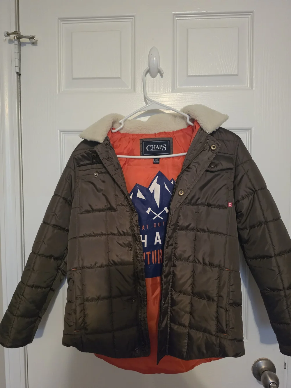 Chaps Brown Jacket with Orange Interior and Faux Shearling Collar